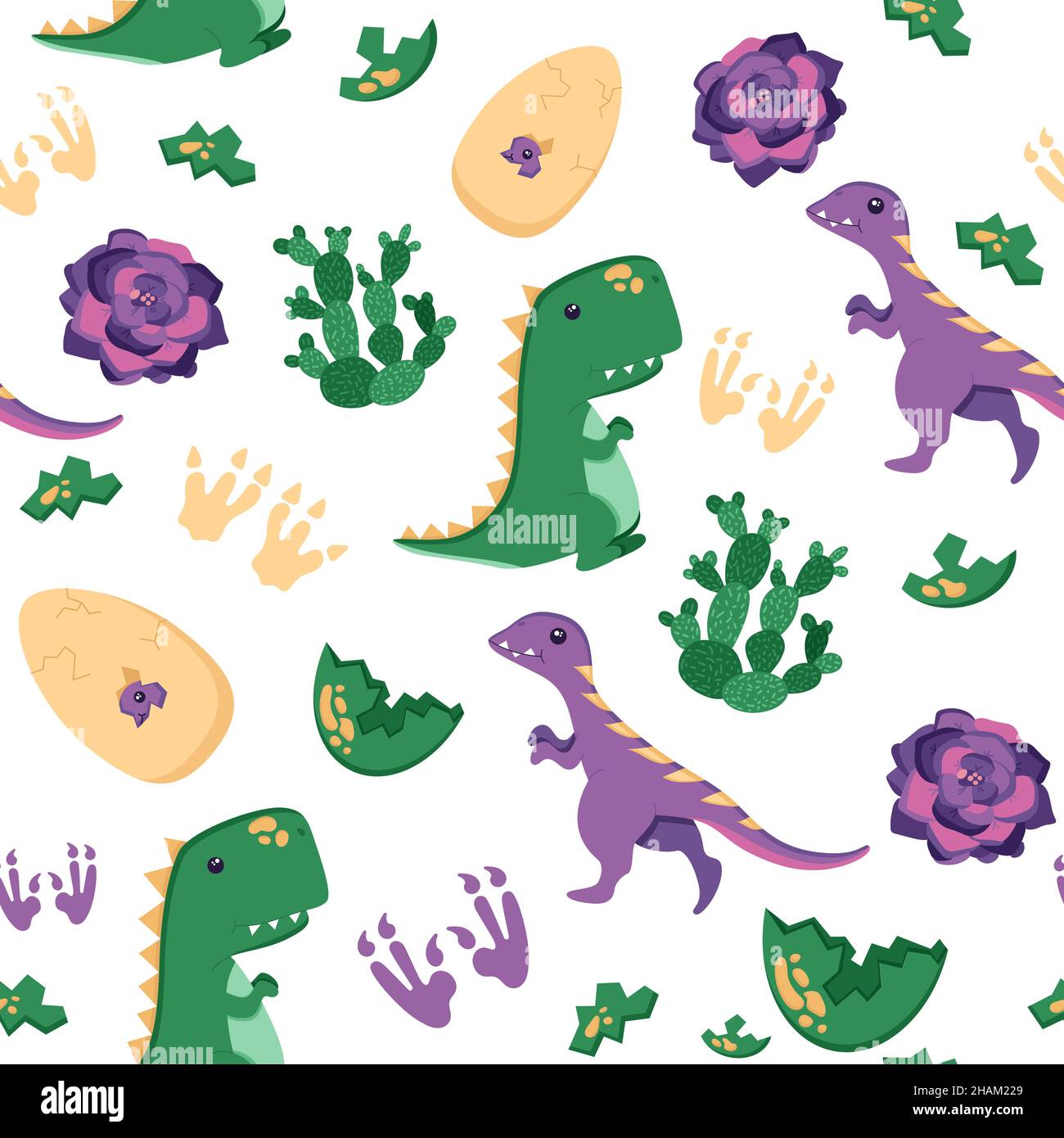 Nahtloses Muster aus niedlichem T-rex und Eidechse mit Kaktus und Fußabdruck für die Dekoration des Kindergartens, Banner oder Textilien. Flacher Stil, isoliert auf einem weißen. V Stock Vektor