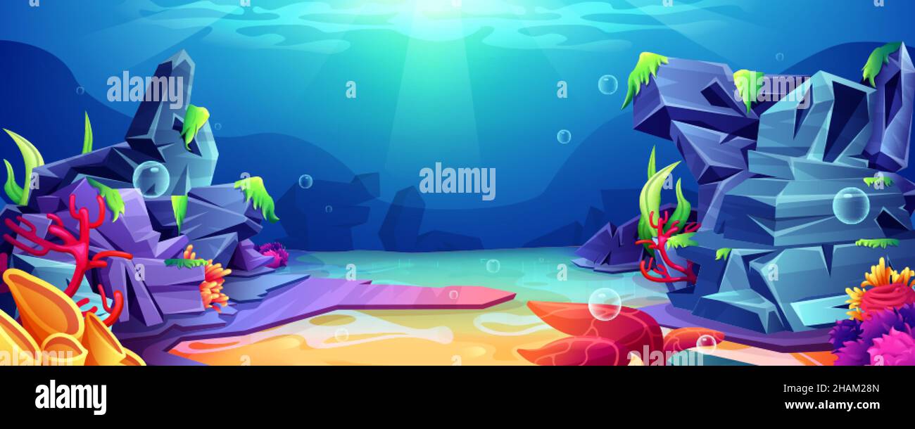 Korallenriff Ozean Unterwasser Hintergrund. Unterwasserlandschaft mit Sandboden, Algen auf Felsen und Schildkröte. Unterwasserwelt in der Tiefe mit herabfallendem Sonnenstrahl und Luftblasen. Konzept der Meeresaquatischen Welt. Stock Vektor