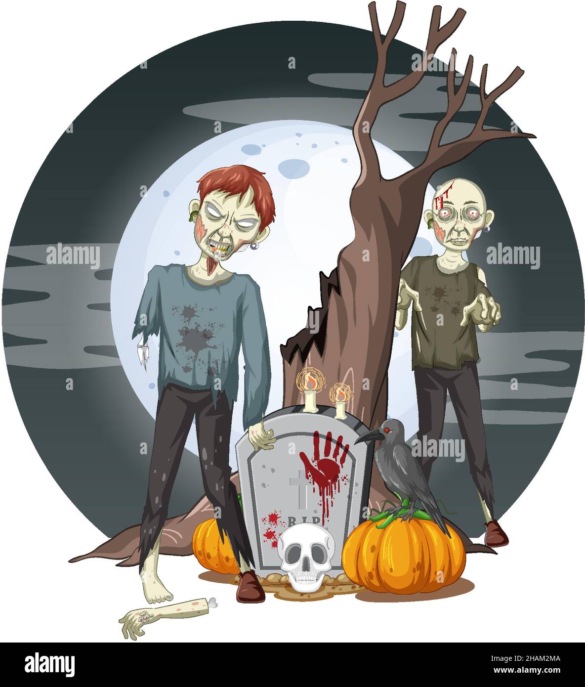 Gruselige Zombies auf Vollmond Hintergrund Illustration Stock Vektor