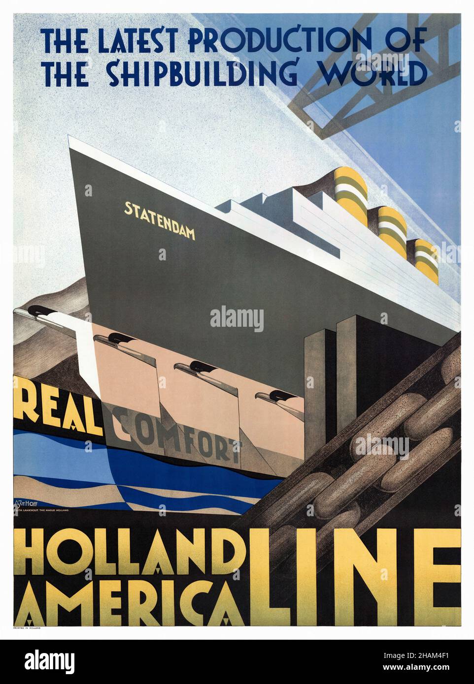 Die neueste Produktion der Schiffbauwelt. Holland America Line. Statendam von Adrianus J. van 't Hoff (1893-1939). Plakat veröffentlicht im Jahr 1928 in den Niederlanden. Stockfoto