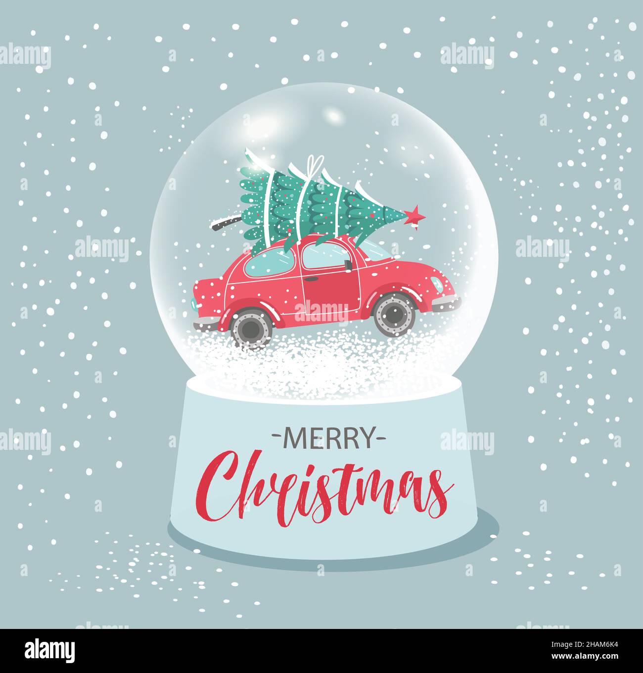 Weihnachtskugel mit Auto und Baum auf der Oberseite in einem Schneewald. Vektorgrafik. Stock Vektor