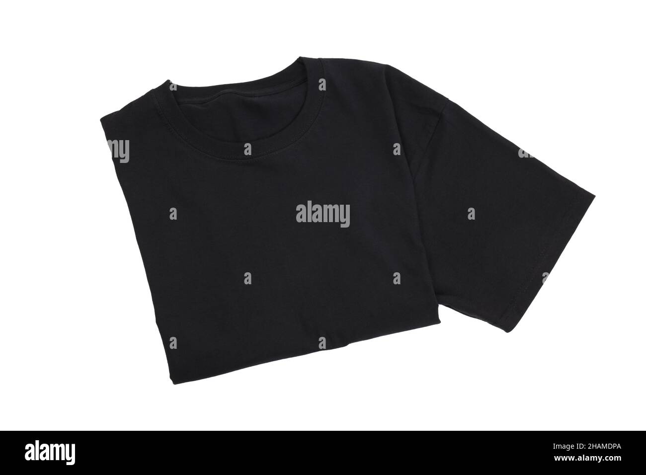 Blank gefaltetes schwarzes T-Shirt isoliert auf weißem Hintergrund Stockfoto