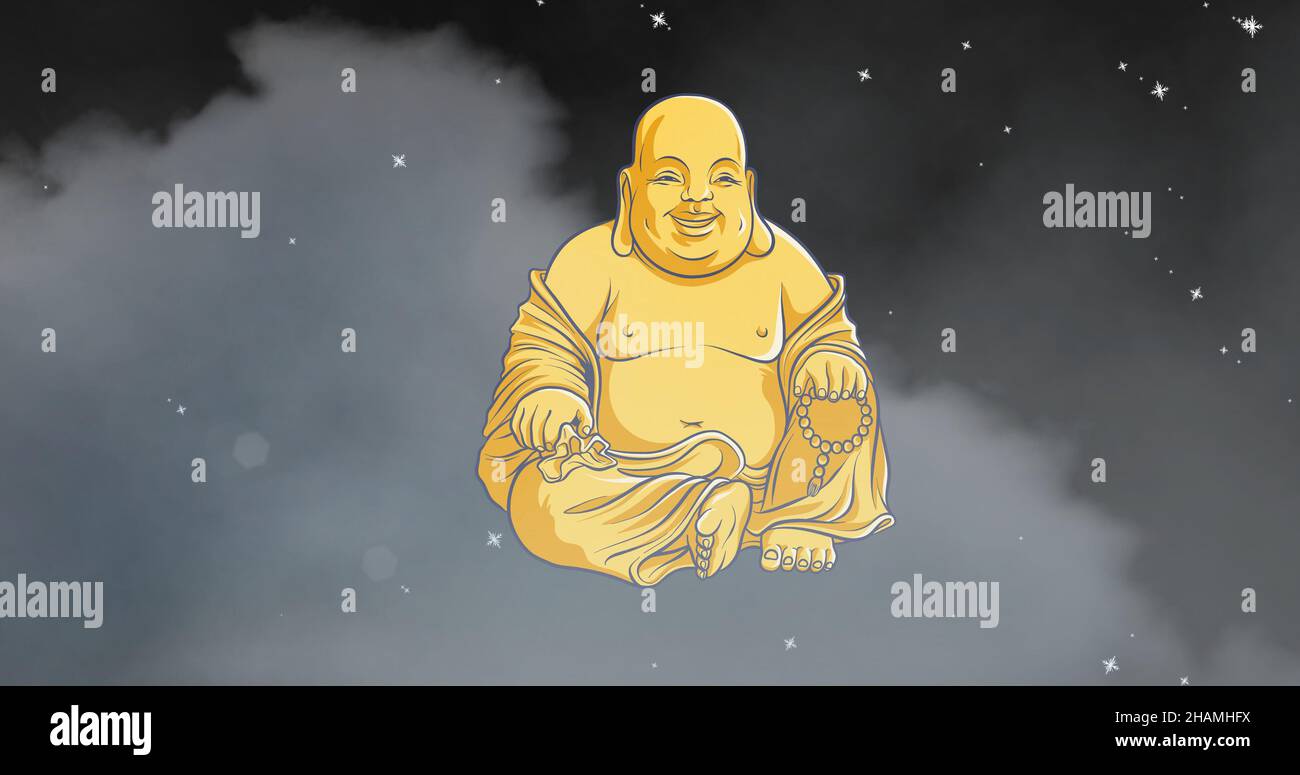 Digitales Composite-Bild der goldenen, lachenden Budda-Statue gegen Wolkenhimmel und Sterne Stockfoto