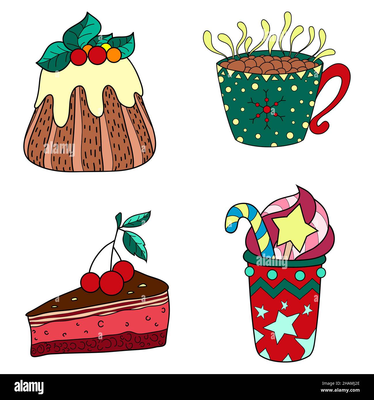 Eine Reihe von Weihnachtssymbolen für Design, Kuchen, Tee, Tasse Kaffee zum Drucken. Stockfoto