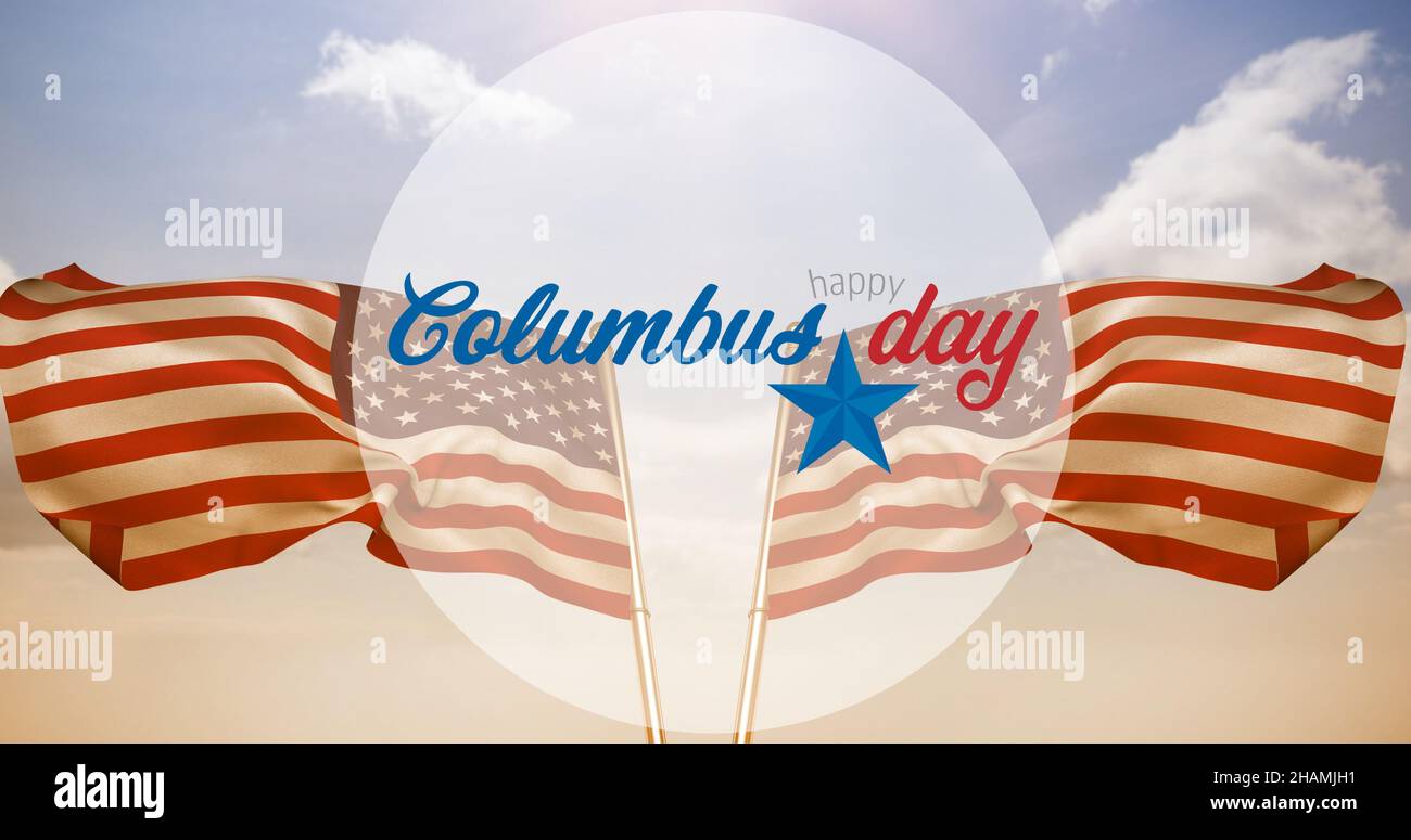 Digitales zusammengesetztes Bild des columbus-Tages-Symbols mit Stern über amerikanischer Flagge und Himmel Stockfoto