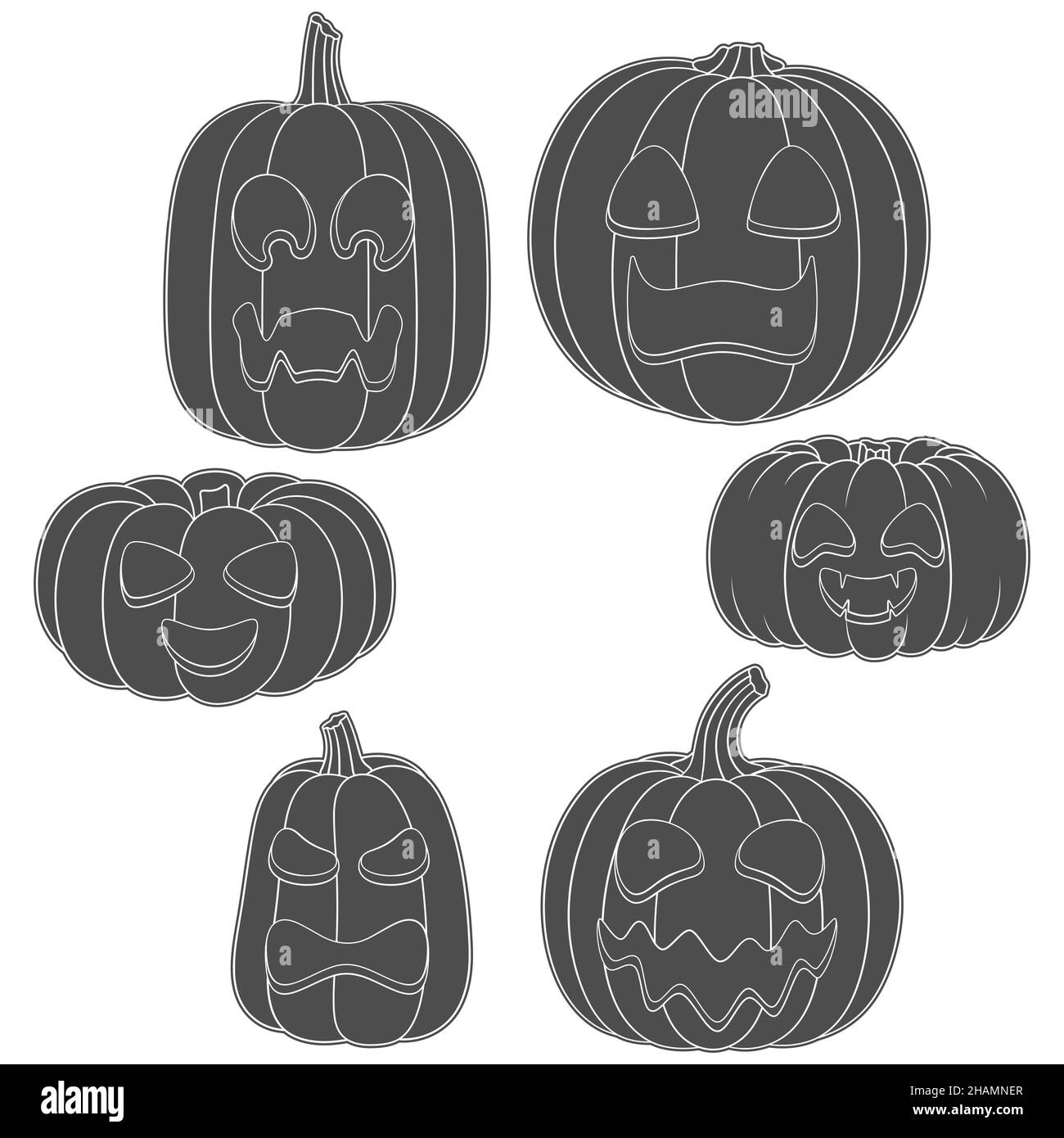 Set aus schwarzen und weißen Kürbissen mit geschnitzten Gesichtern für Halloween. Isolierte Vektorobjekte auf weißem Hintergrund. Stock Vektor