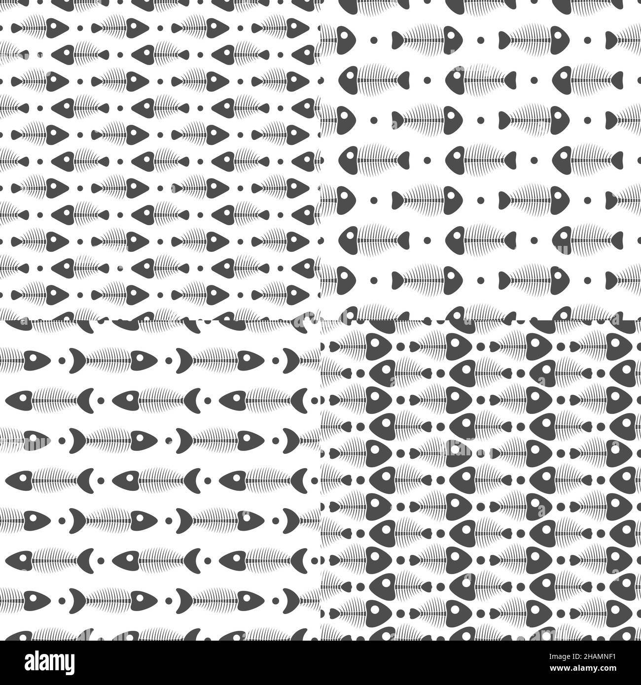 Satz von nahtlosen Vektormustern mit Fischskeletten. Schwarz-Weiß-Vektorhintergründe. Stock Vektor
