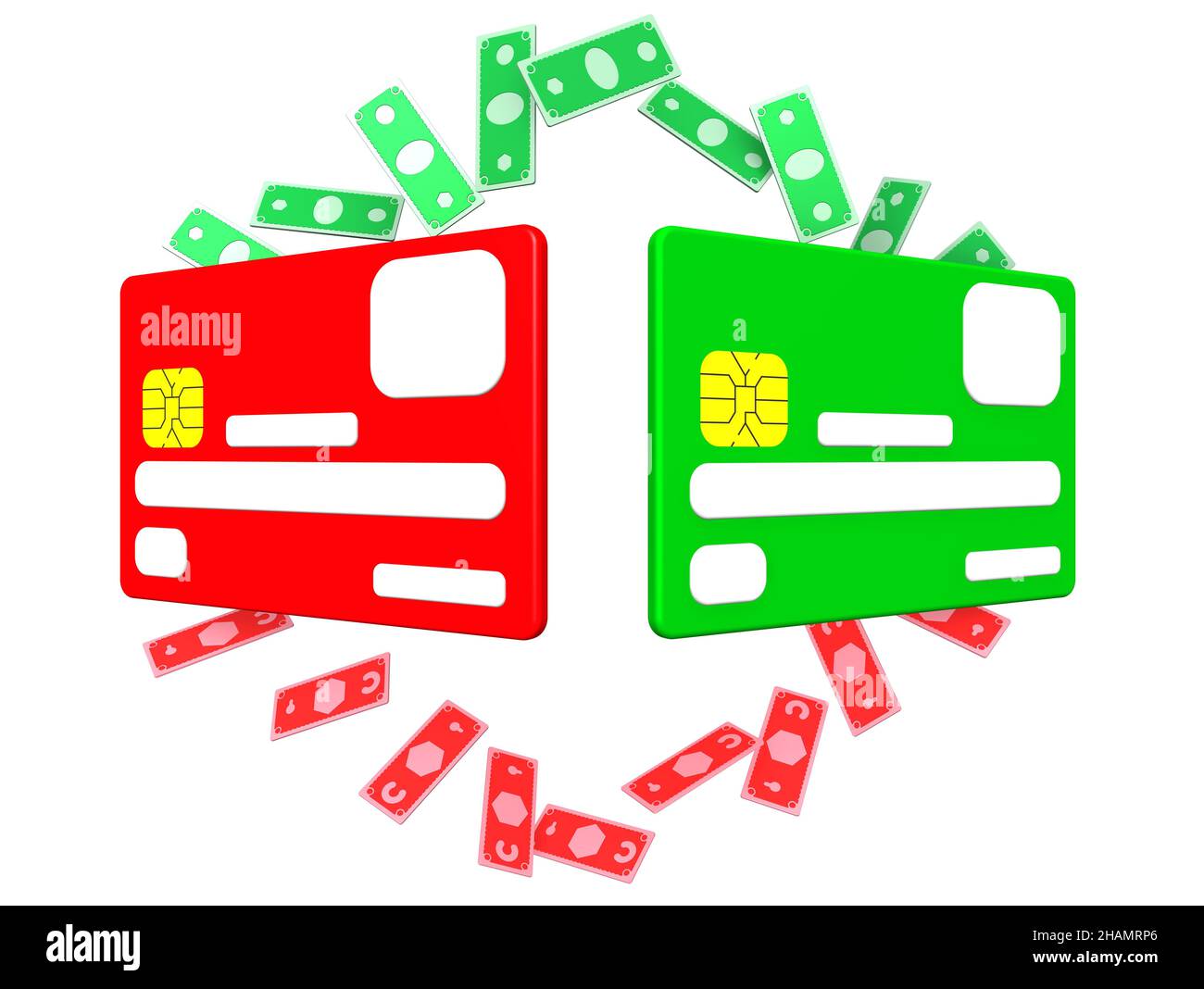 Geldtransfer, Transaktion, Swap, Umtausch. Viele Banknoten fliegen von einer Kreditkarte zur anderen. 3D Abbildung Stockfoto