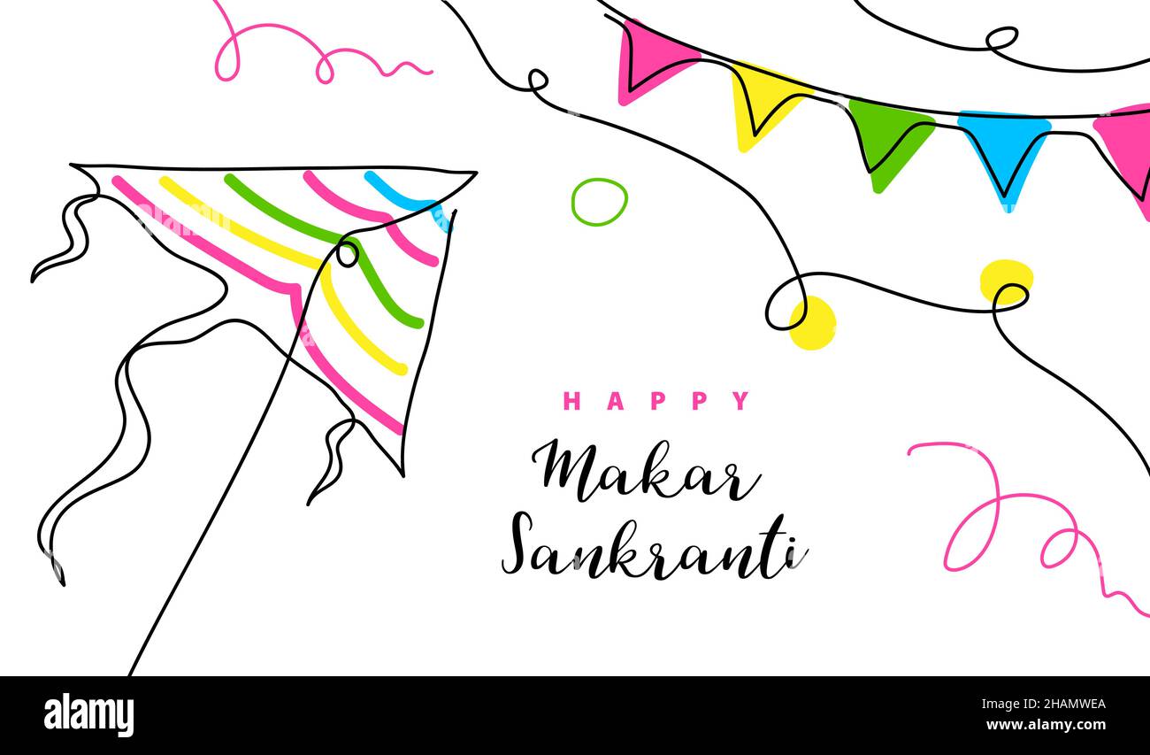 Vektorbanner Makar Sankranti, Poster. Kite eine Linie Kunst Zeichnung Hintergrund. Durchgehende lineart mit Text Happy Makar Sankranti Stock Vektor