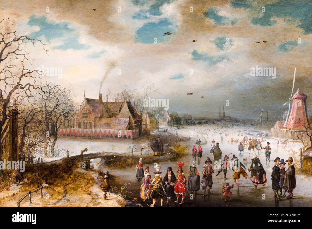 Eislaufen auf der gefrorenen Amstel, Gemälde von Adam van Breen, 1611 Stockfoto