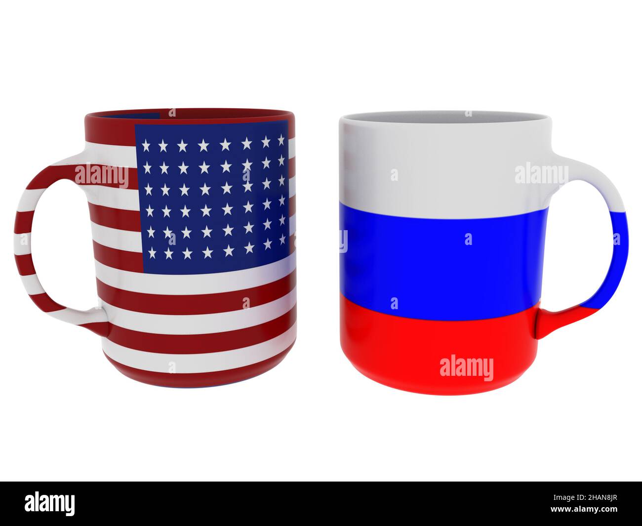 Verhandlungen usa russland Tassen mit Fahnen isoliert - 3D Rendering Stockfoto