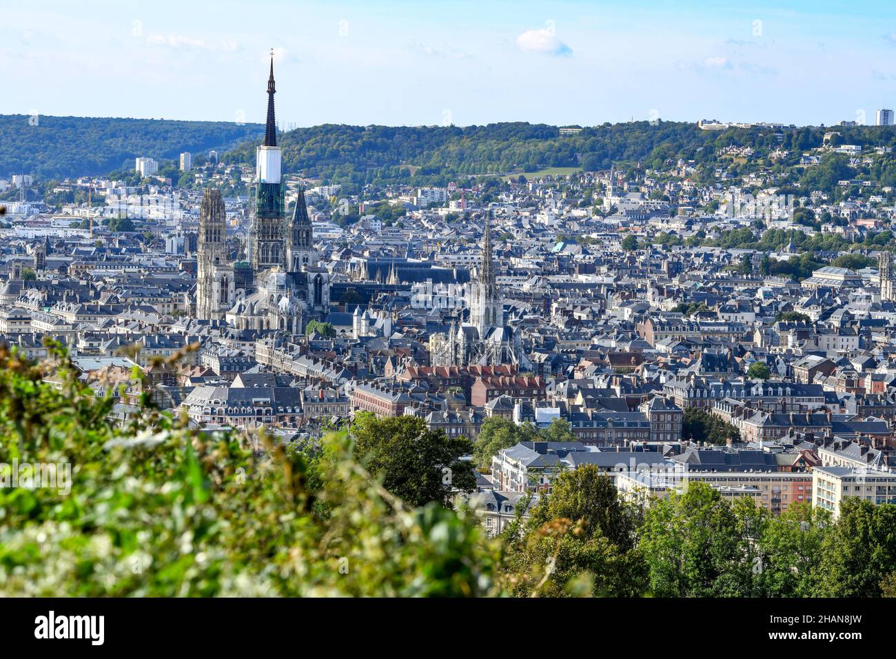 Rouen (Nordfrankreich): Das Stadtzentrum von St. Catherine’s Hill aus gesehen. In der Mitte die Kathedrale Notre-Dame Stockfoto
