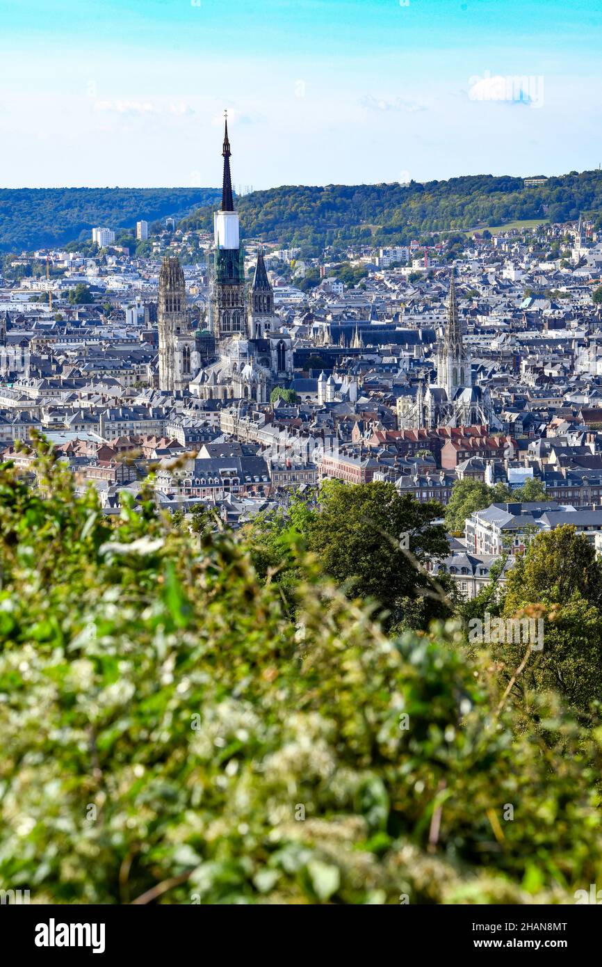 Rouen (Nordfrankreich): Das Stadtzentrum von St. Catherine’s Hill aus gesehen. In der Mitte die Kathedrale Notre-Dame Stockfoto