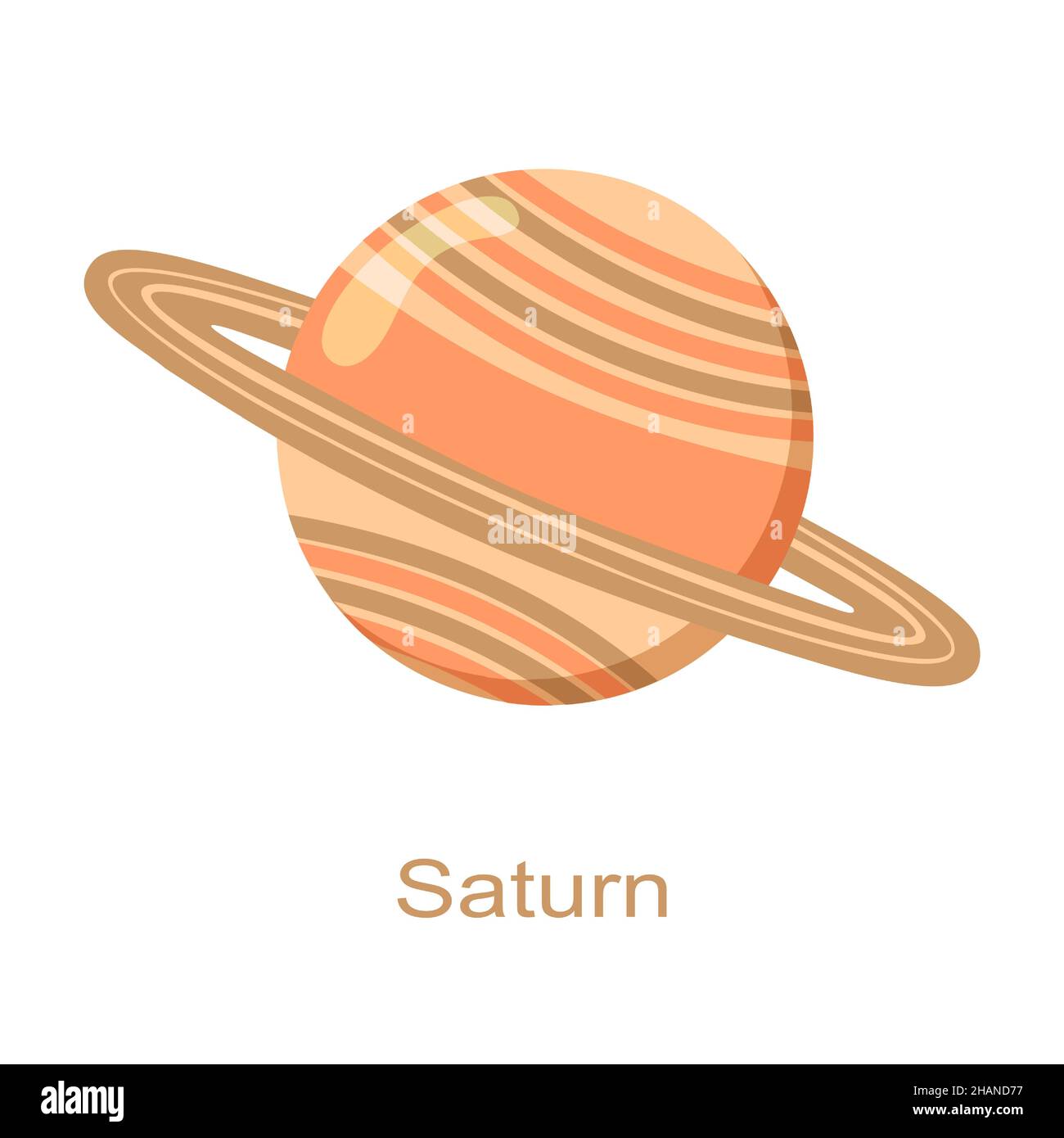 Saturn-Planet mit Ring-Symbol mit Namen isoliert auf weißem Hintergrund. Universumselement des Sonnensystems. Kinder planetarisch. Vektorgrafik Cartoon-Illustration. Stock Vektor