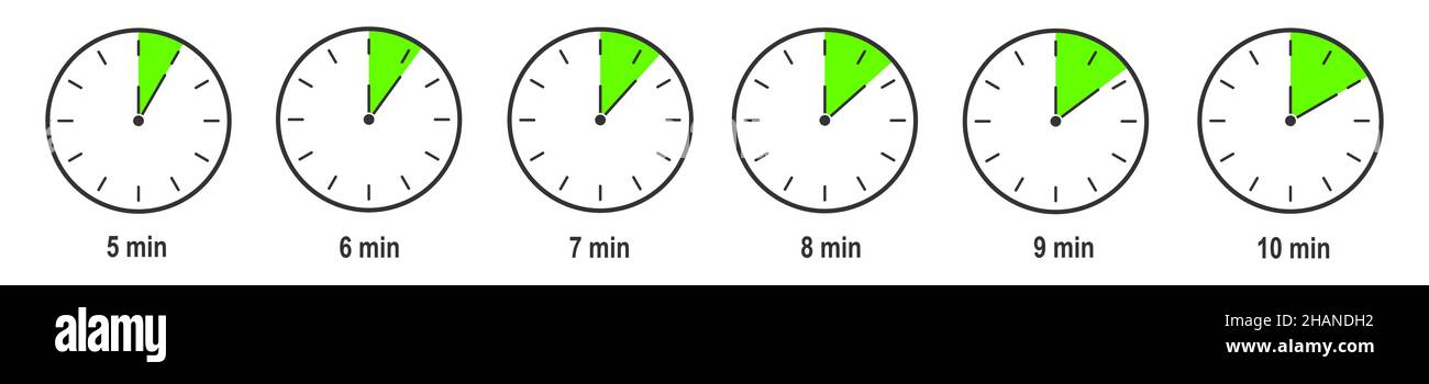 Timer-Symbole mit 5, 6, 7, 8, 9, 10-Minuten-Zeitintervall. Countdown-Uhr oder Stoppuhrsymbole. Infografik-Elemente für die Kochanleitung. Vektorgrafik flach. Stock Vektor