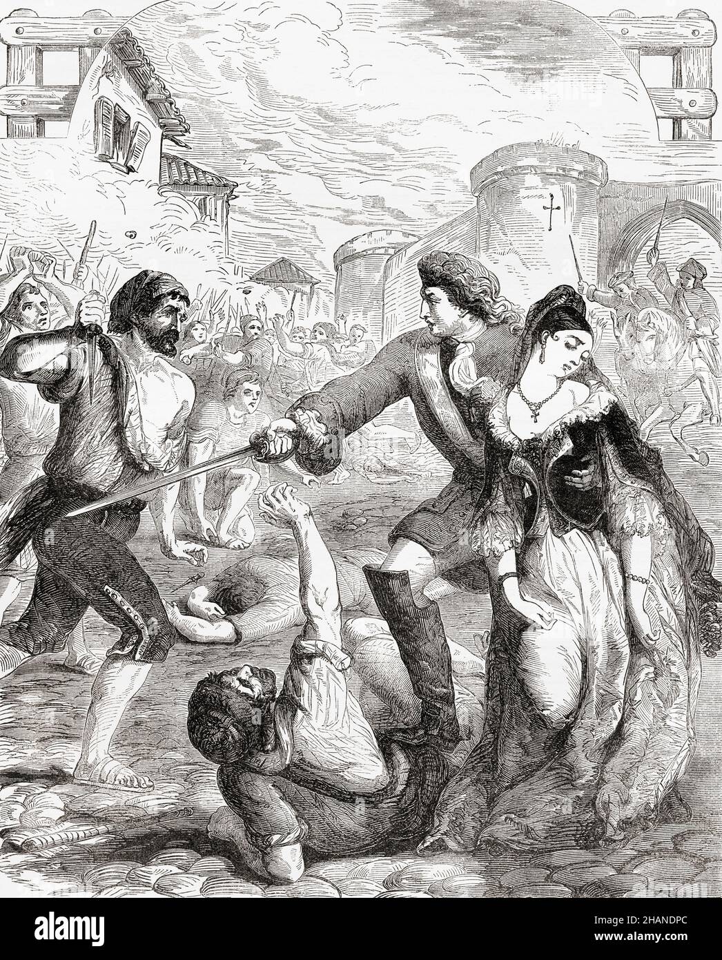 Die Rettung der Herzogin von Popoli aus den Miquelets durch den Grafen von Peterborough während der Belagerung von Barcelona, 1705. Charles Mordaunt, 3rd Earl of Peterborough und 1st Earl of Monmouth, 1658 – 1735. Englischer Adliger und Militärführer. Camilla Cantelmo Stuart, Herzogin von Popoli. Aus Cassells Illustrated History of England, veröffentlicht um 1890. Stockfoto