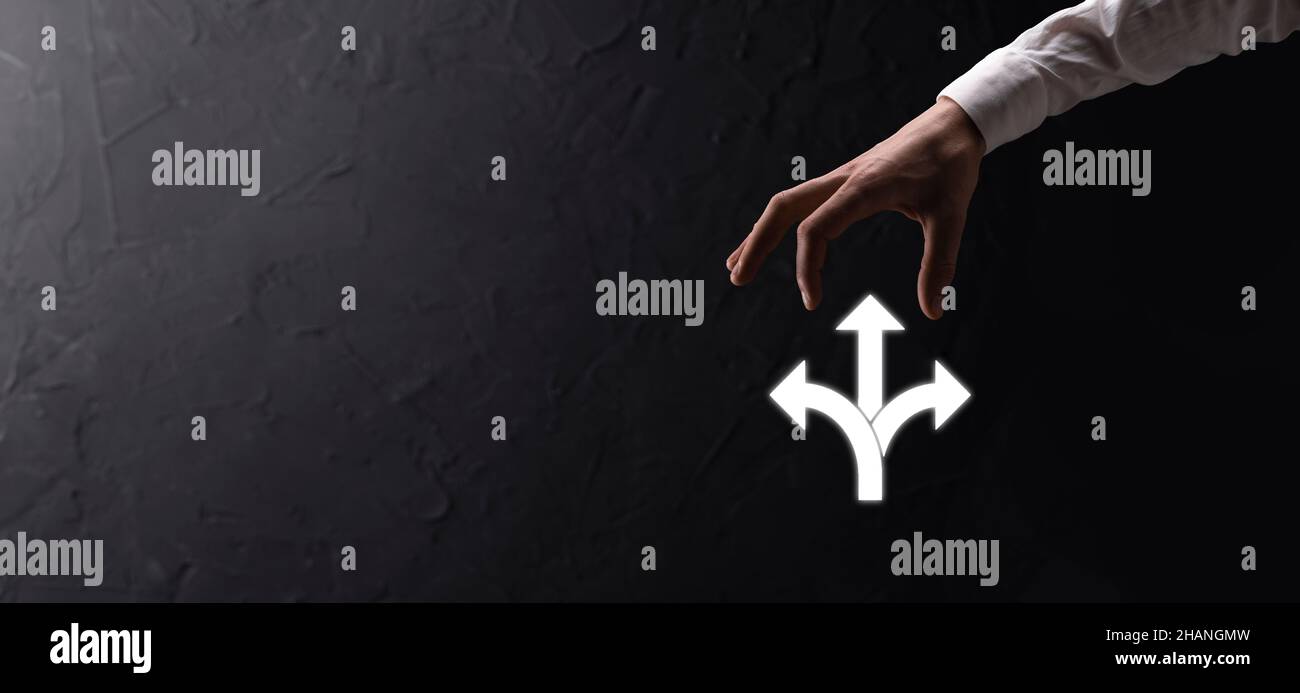 Männliches Hand-Symbol mit drei Richtungen-Symbol auf dunklem ...