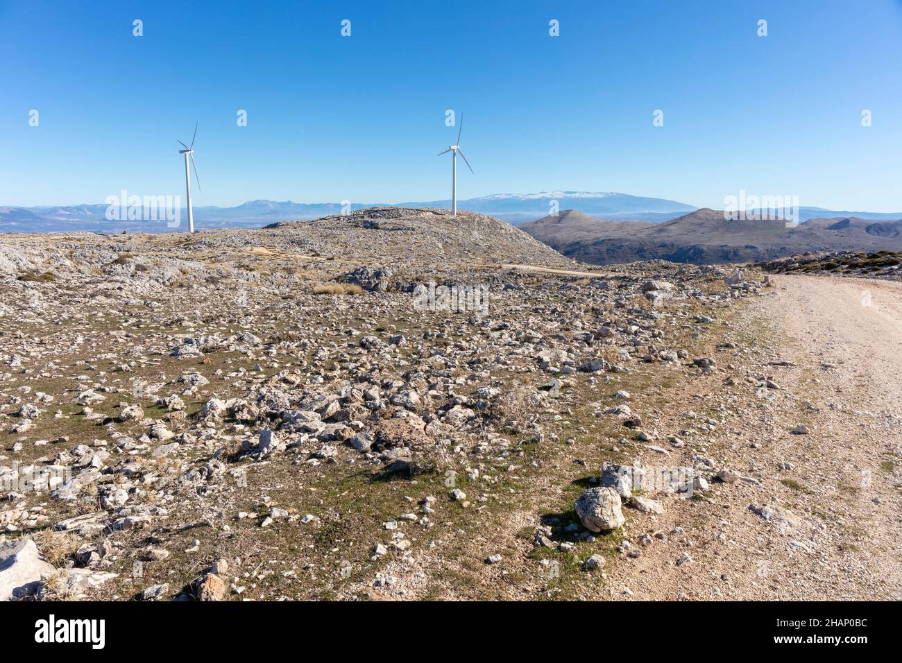 Windturbinen in Sierra Gorda, Loja, Provinz Granada, Spanien Stockfoto