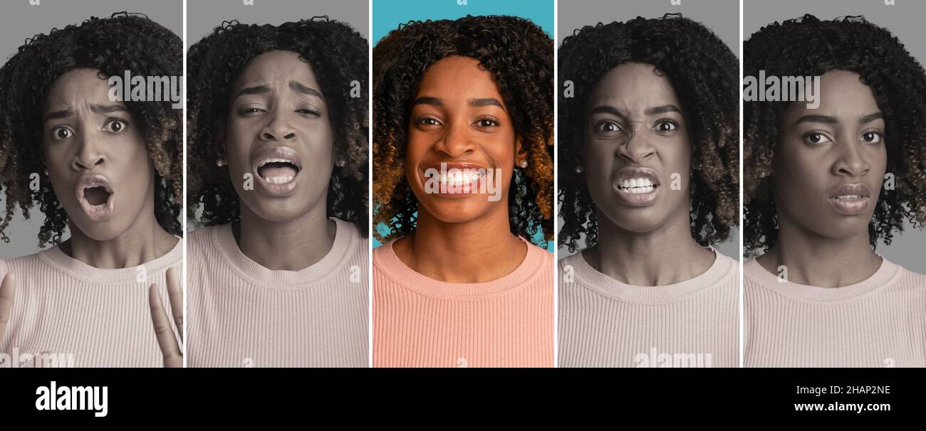 Porträt einer emotionalen schwarzen Frau mit lockigen Haaren, die verschiedene positive und negative Emotionen zeigt, Collage Stockfoto
