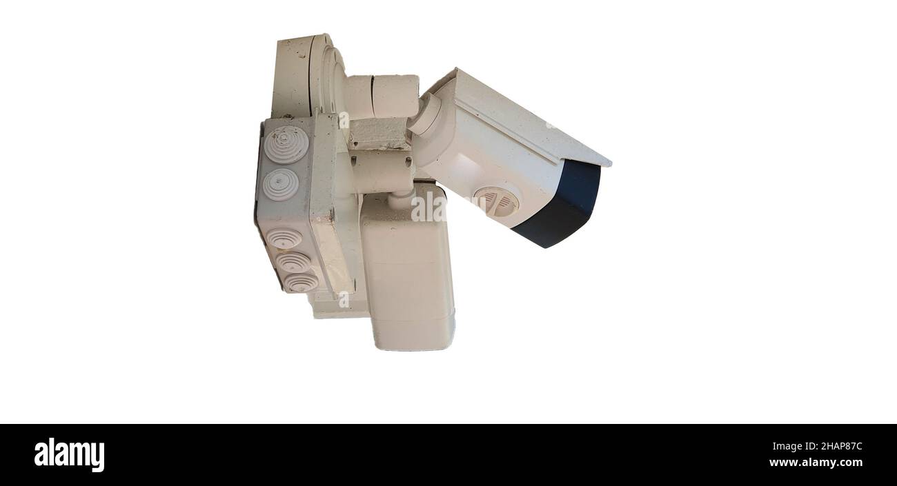 Weiße Überwachungskamera isoliert auf weißem Hintergrund. Sicherheitskonzept Stockfoto