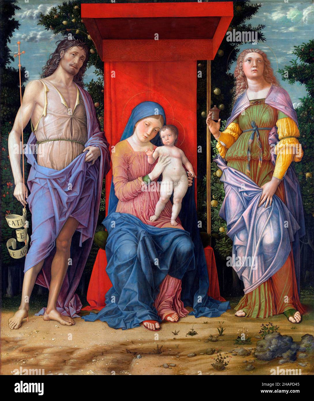 Die Jungfrau und das Kind mit der Magdalena und dem heiligen Johannes dem Täufer von Andrea Mantegna (1431-1506), Ei tempera auf Leinwand, c. 1490-1505 Stockfoto