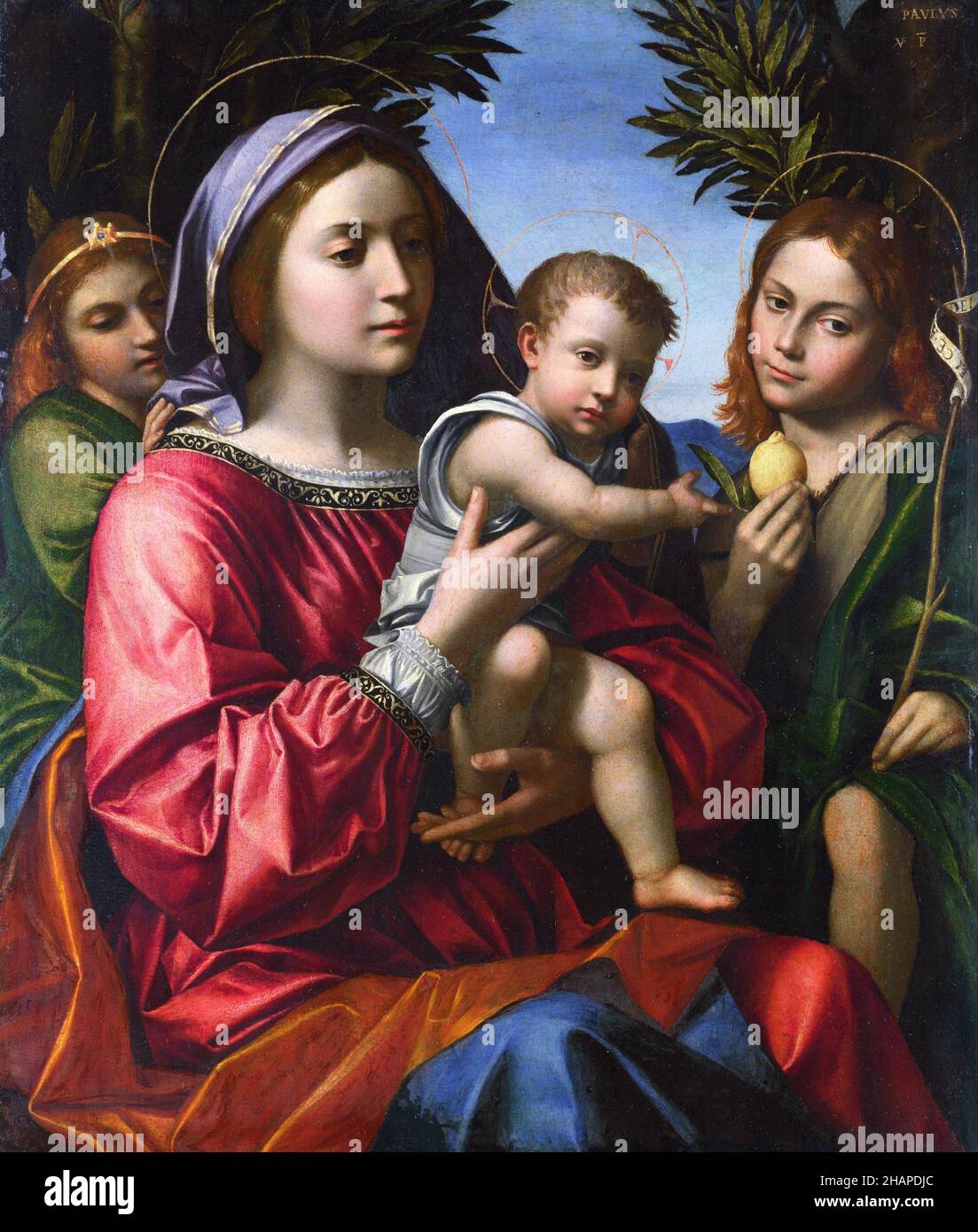 Paolo Morando. Gemälde mit dem Titel „die Jungfrau und das Kind mit dem Täufer und einem Engel“ des italienischen Renaissance-Künstlers Paolo Morando Cavazzola (1486–1522), Öl auf Leinwand, c. 1514-18 Stockfoto