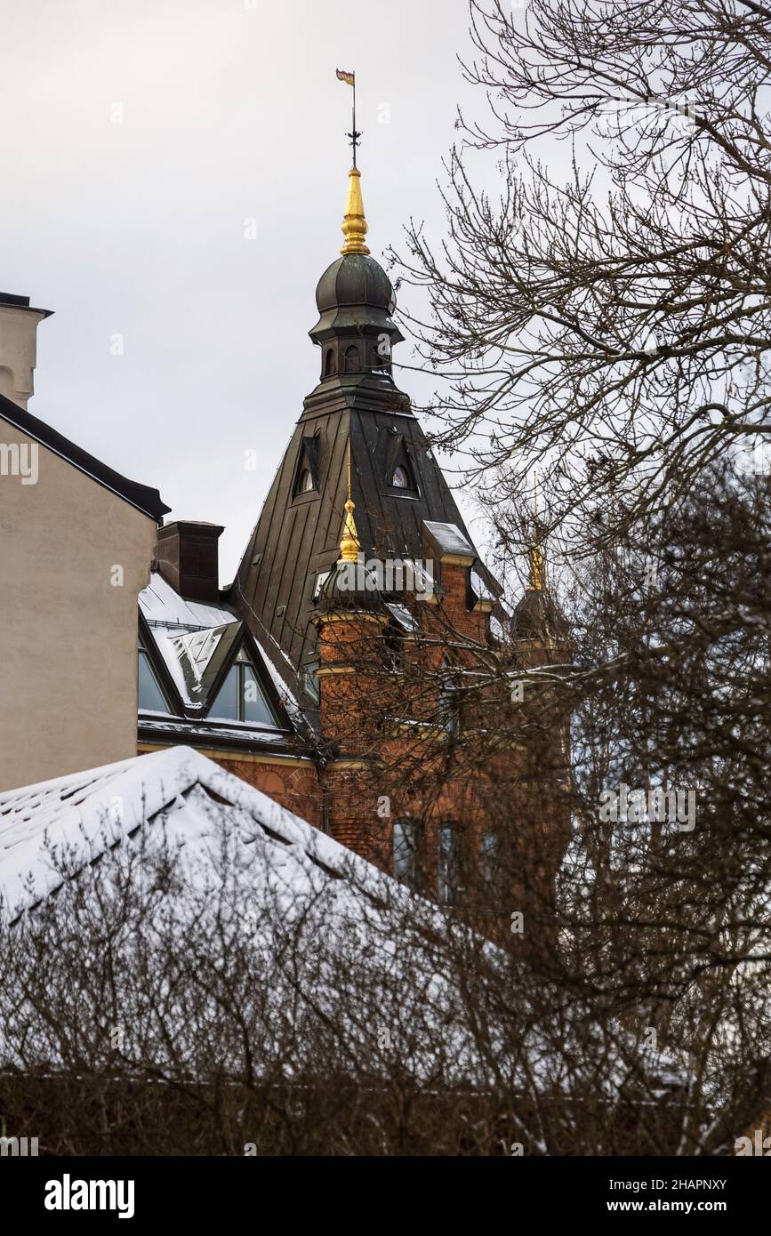 Dächer und Gebäude der Stadt Stockholm an einem sonnigen Wintertag, Vintage-Look. Hauptstadt von Schweden Stockfoto