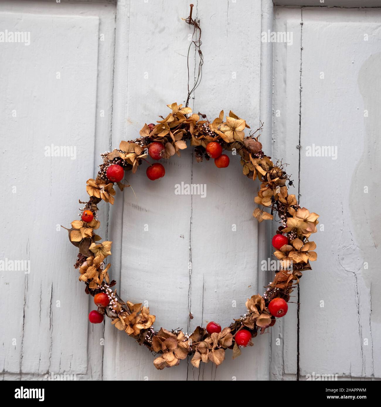 Weihnachtskranz im skandinavischen Stil aus getrockneten Pflanzen und Beeren, der während der Weihnachts- und Neujahrsferien in Schweden an der grauen Tür hängt. Stockfoto