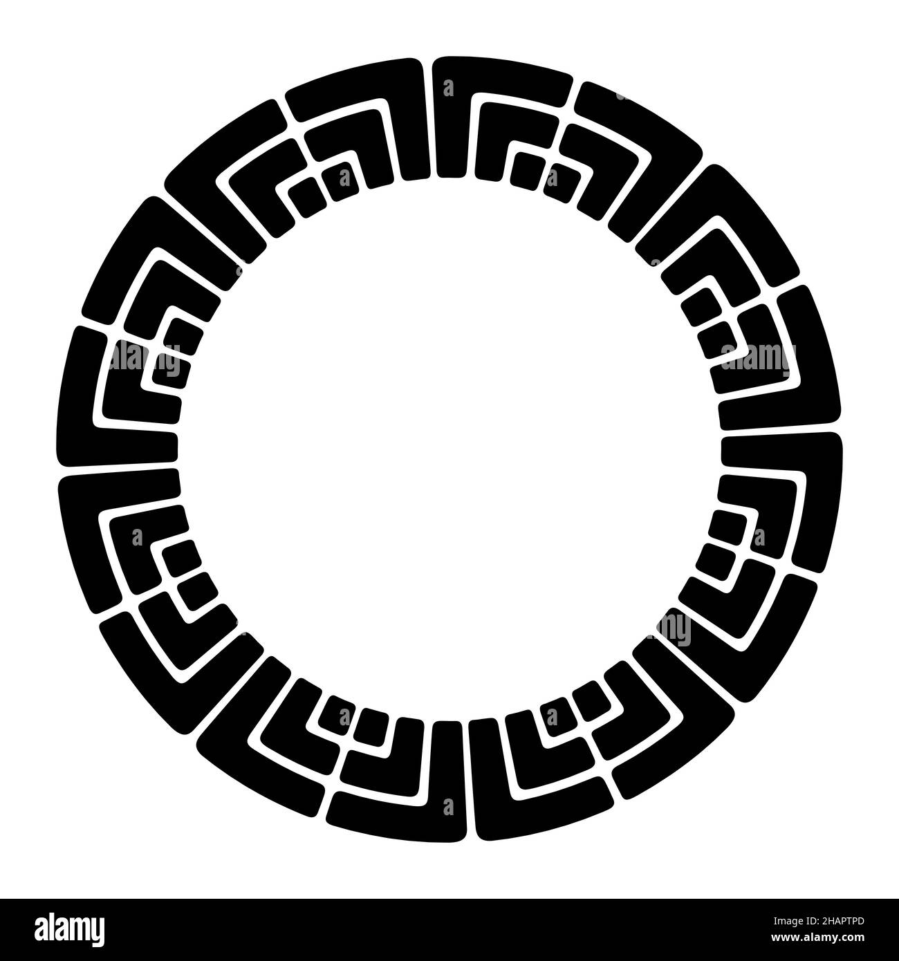 Abstrakter, runder Mäander, kreisförmiges geometrisches Ornament mit Blöcken. Dekorativer Rahmen, isoliert auf weißem Hintergrund. Für Text platzieren. Vektorgrafik monochrom. Stock Vektor