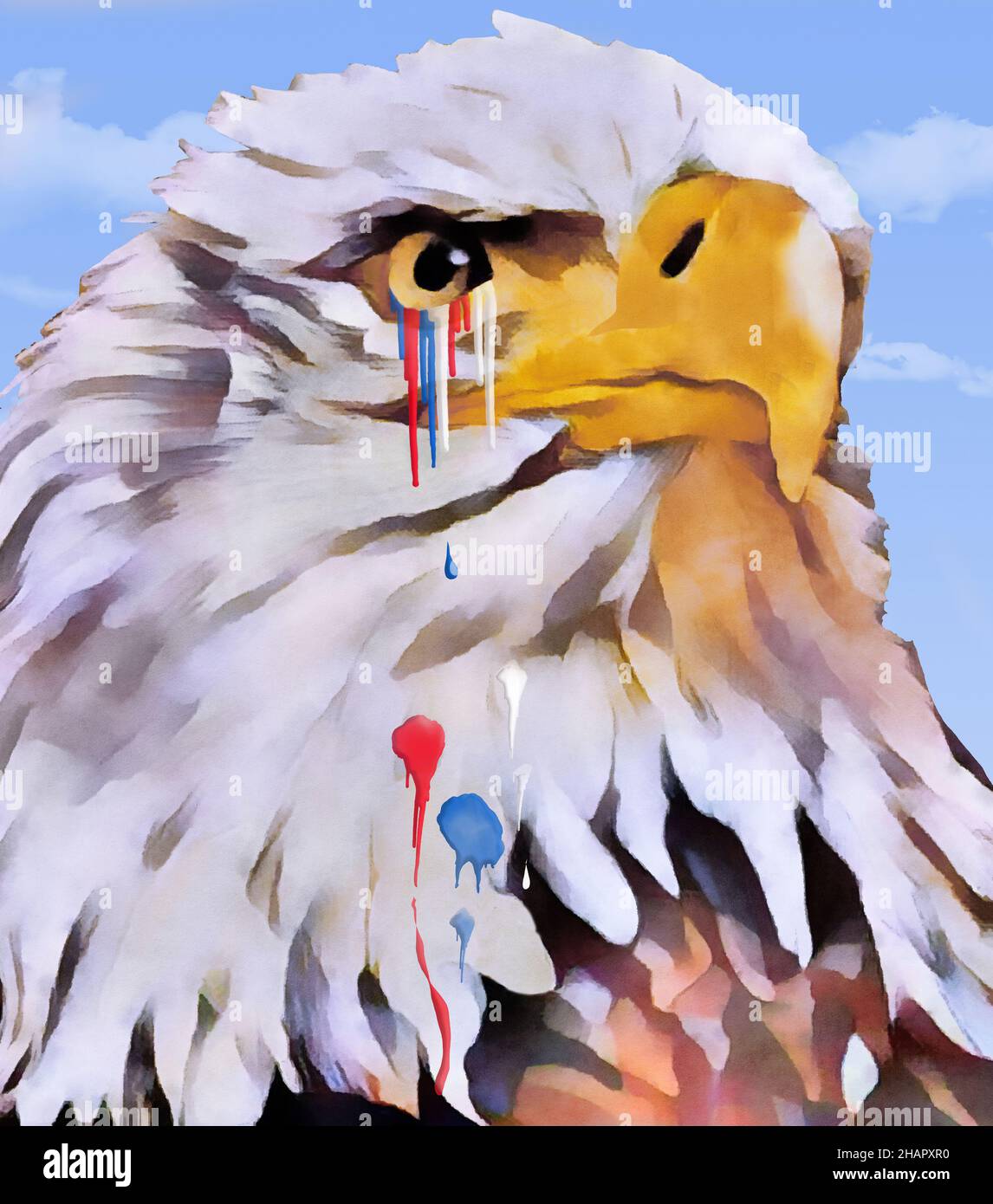 Ein Weißkopfseeadler weint in dieser 3-d-Illustration über den aktuellen Stand der Dinge in den USA rot, weiß und blau. Stockfoto