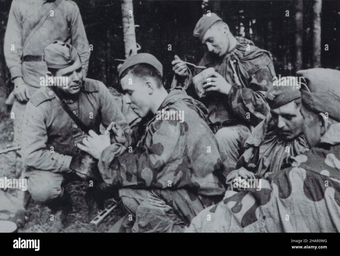 Kundschafter der Roten Armee und der 1st tschechoslowakischen Armee-Korps-Armee ruhen und essen im September 1944. Schwarz-Weiß-Vintage-Fotografie eines unbekannten Fotografen. Stockfoto