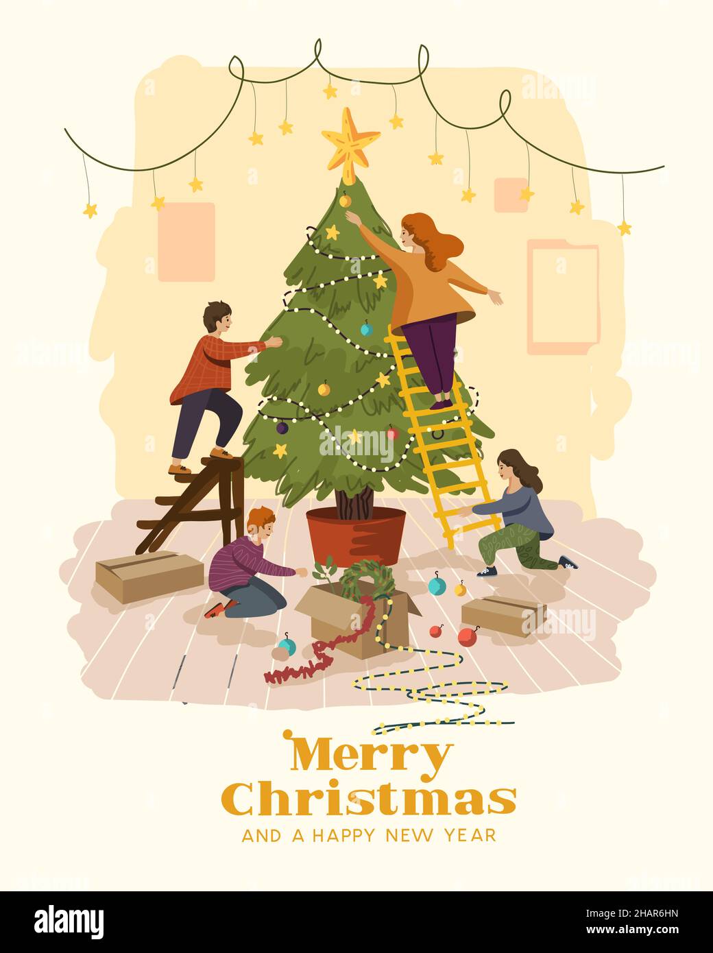 Eine glückliche Familie zu Hause genießt die Dekoration des weihnachtsbaums. Vektor-Illustration für festliche Menschen. Stock Vektor