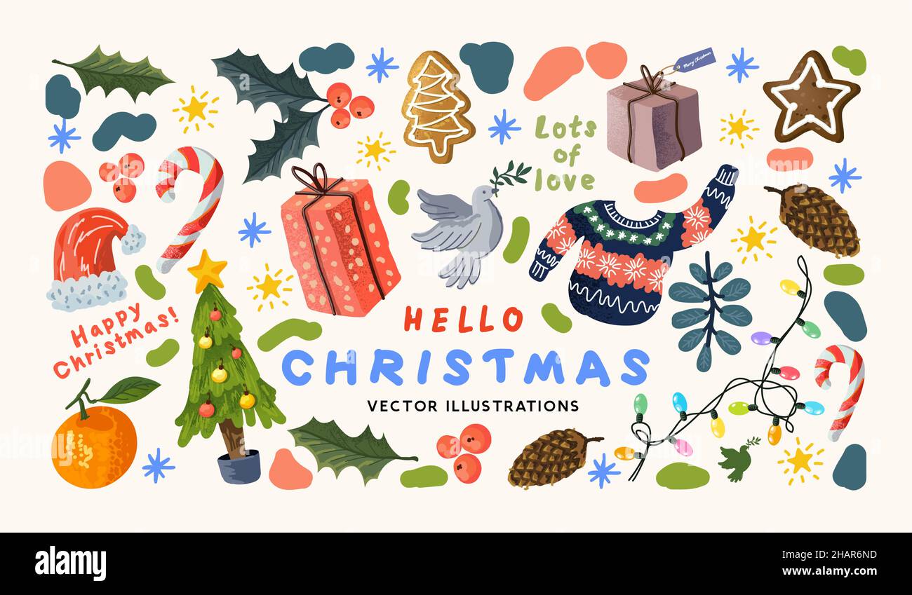 Frohe Weihnachten handgefertigte Dekorationsdesigns mit Pflanzen, Lichtern und festlichen Leckereien! Vektorgrafik. Stock Vektor