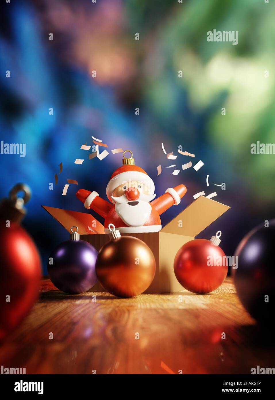 Überraschung! Eine fröhliche und fröhliche Weihnachtsbaumkugel weihnachtsbaumdekoration. 3D Abbildung. Stockfoto
