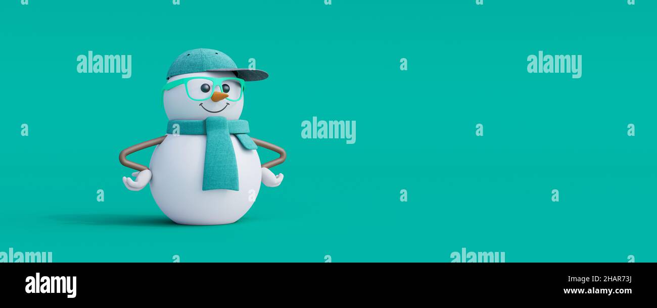 Schneemann 3D Zeichen auf grünem Hintergrund. Frohe Weihnachten und ein glückliches neues Jahr Konzept 3D Rendering 3D Illustration Stockfoto