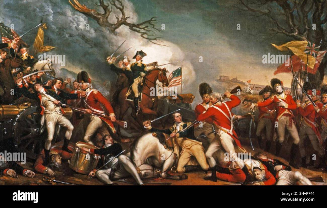 SCHLACHT VON PRINCETON 3. Januar 1777 während des amerikanischen Revolutionskrieges, der den Tod des amerikanischen Generals Hugh Mercer zeigt. Gemälde von John Trumbull 1831. Stockfoto