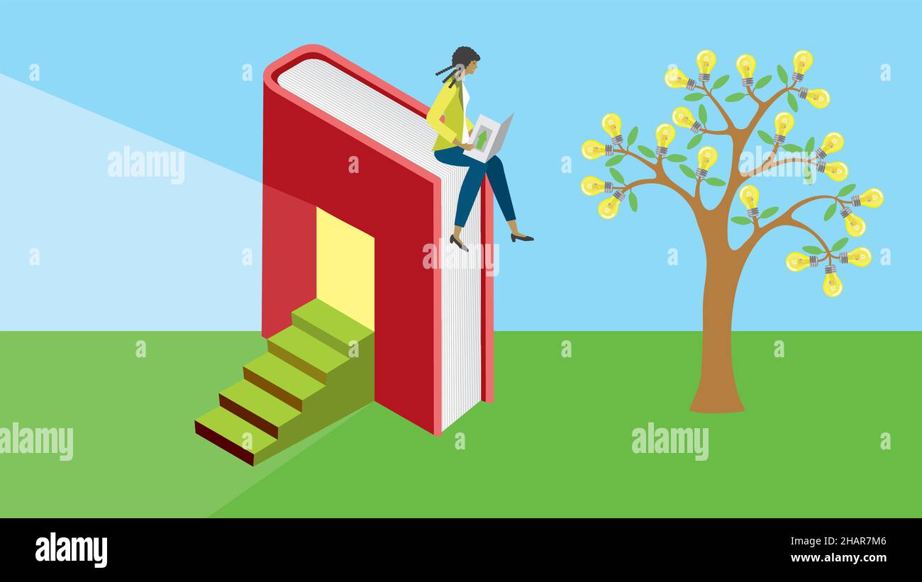 Frau sitzt auf einem Buch mit Eingang und Treppen zu Wissen, Appeltree mit Glühbirnen. Vektorgrafik. EPS10. Dimension 16:9. Stock Vektor
