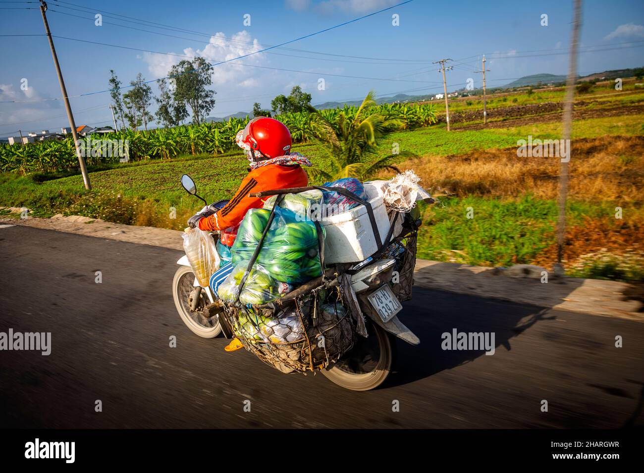 Vietnamesisches Motorrad mit viel Gemüse und Obst. Stockfoto