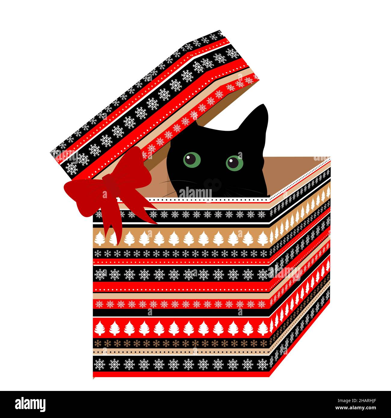 Geschenkbox für Weihnachten mit schwarzer Katze darin Stock Vektor