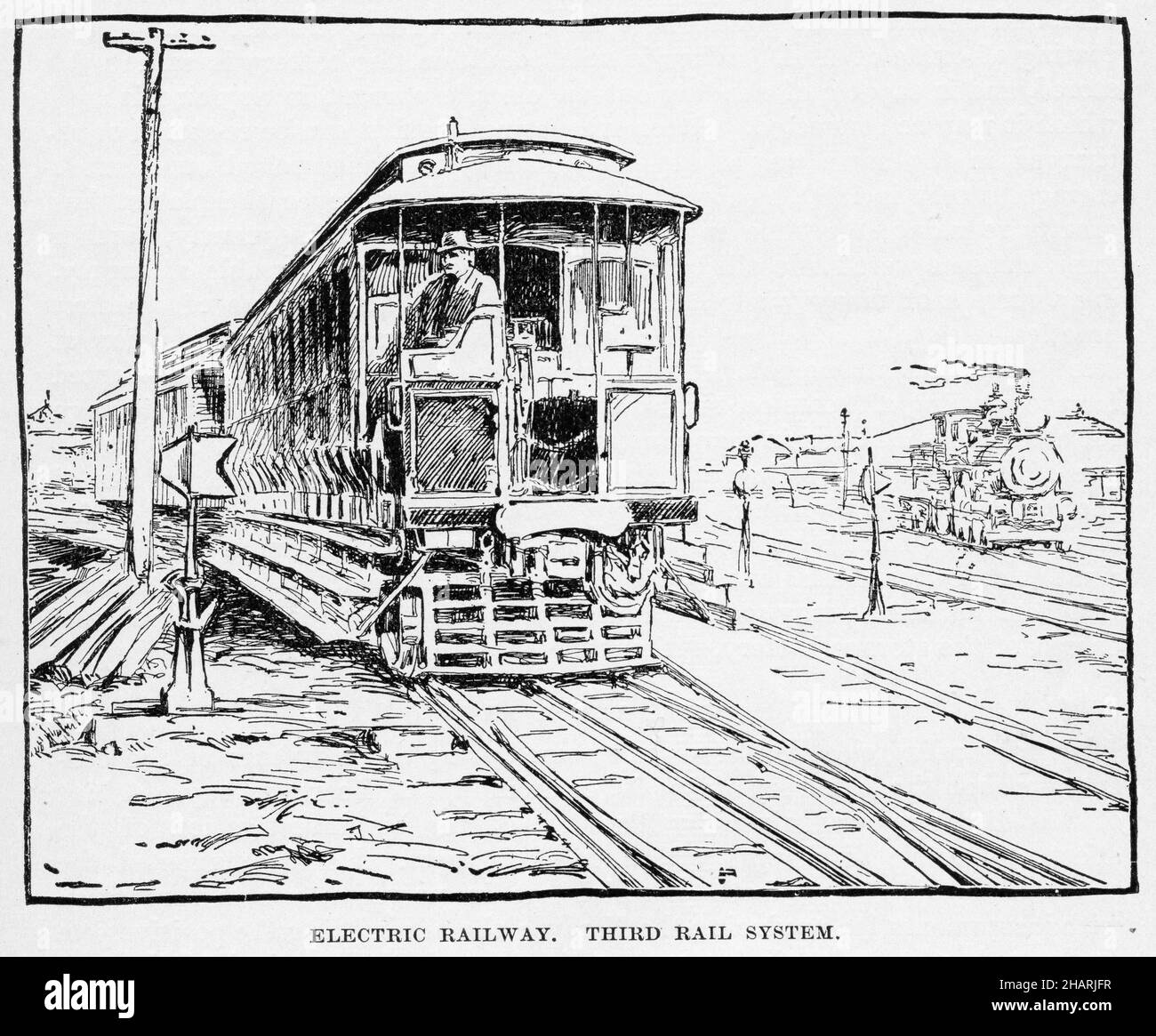 Gravur einer elektrischen Eisenbahn mit einem dritten Eisenbahnabschnitt, um 1900 Stockfoto