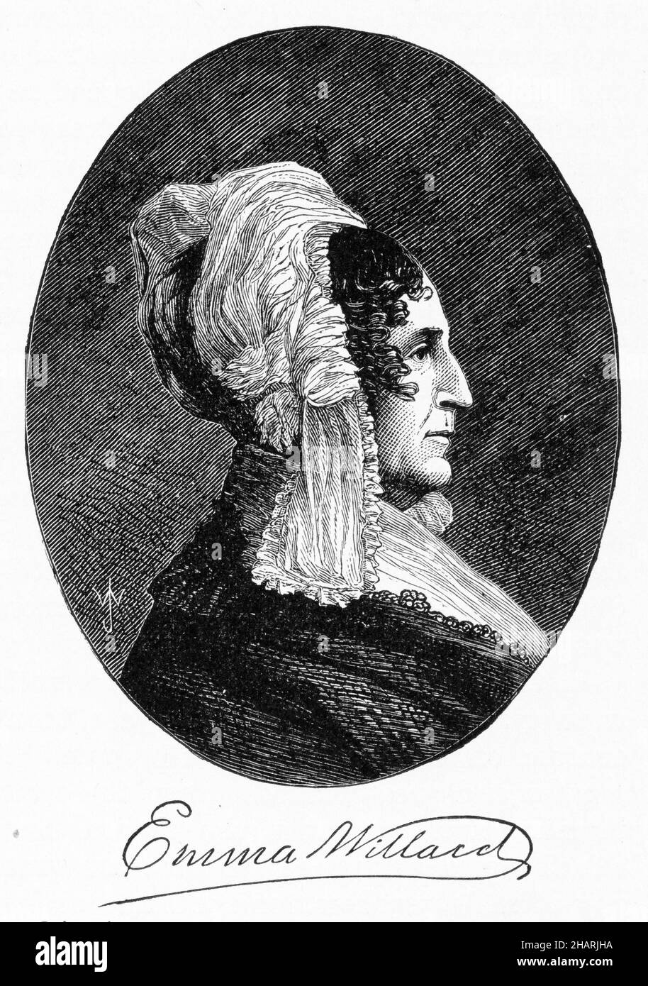 Eingraviertes Porträt von Emma Hart Willard (1787 – 1870), einer amerikanischen Frauenrechtlerin, die ihr Leben der Bildung widmete. Sie arbeitete an mehreren Schulen und gründete die erste Schule für höhere Frauenbildung, das Troy Female Seminary in Troy, New York. Stockfoto