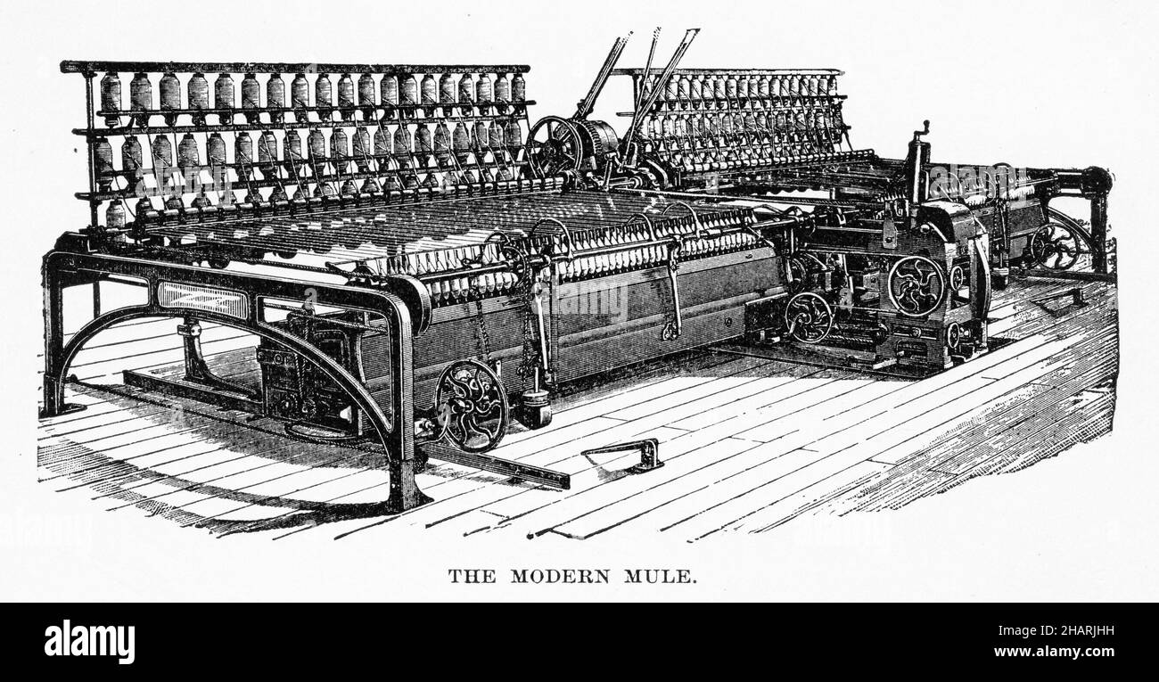 Gravur des 'modernen Maultieres', eines mechanisierten Webstuhls der industriellen Revolution Stockfoto