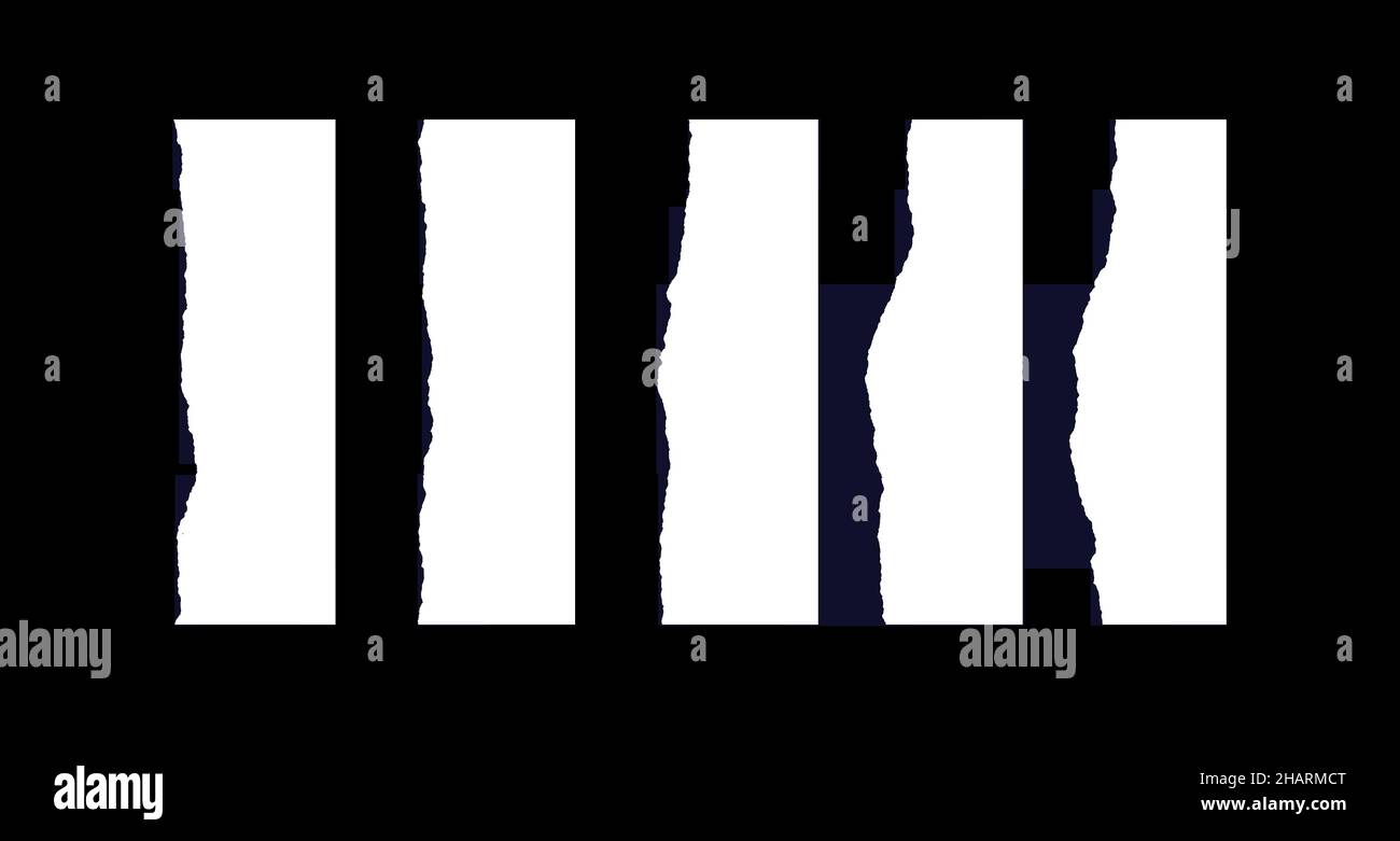 Stücke gerissen weißes Papier. Gerissen Papierkante Sammlung Set isoliert auf schwarzem Hintergrund. Schäden Papier Konzept für die Dekoration kreative Design. Stockfoto