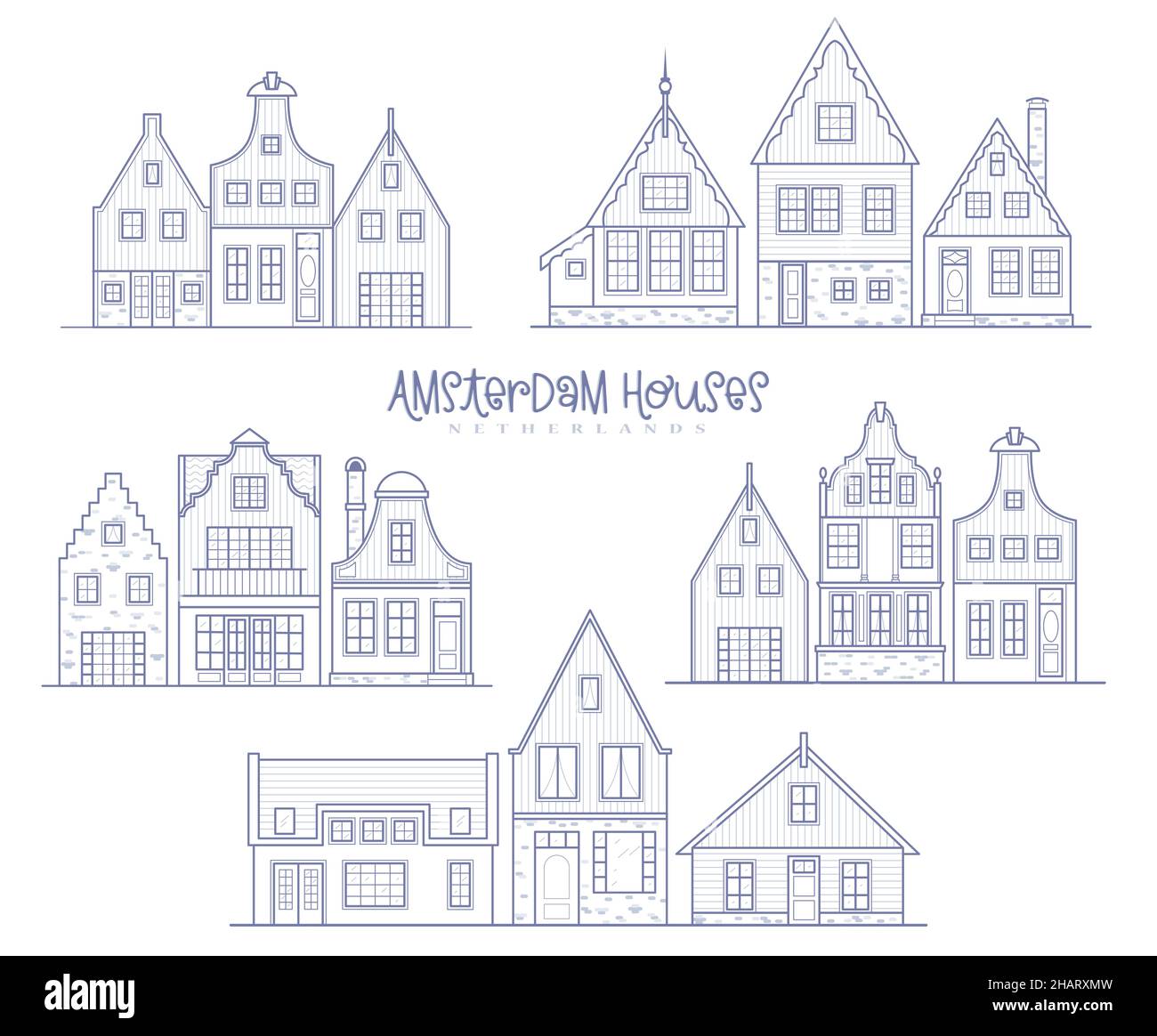 Gruppen von Amsterdamer Häusern. Fassaden europäischer Altbauten. Holland Häuser. Vektordarstellung. Stock Vektor