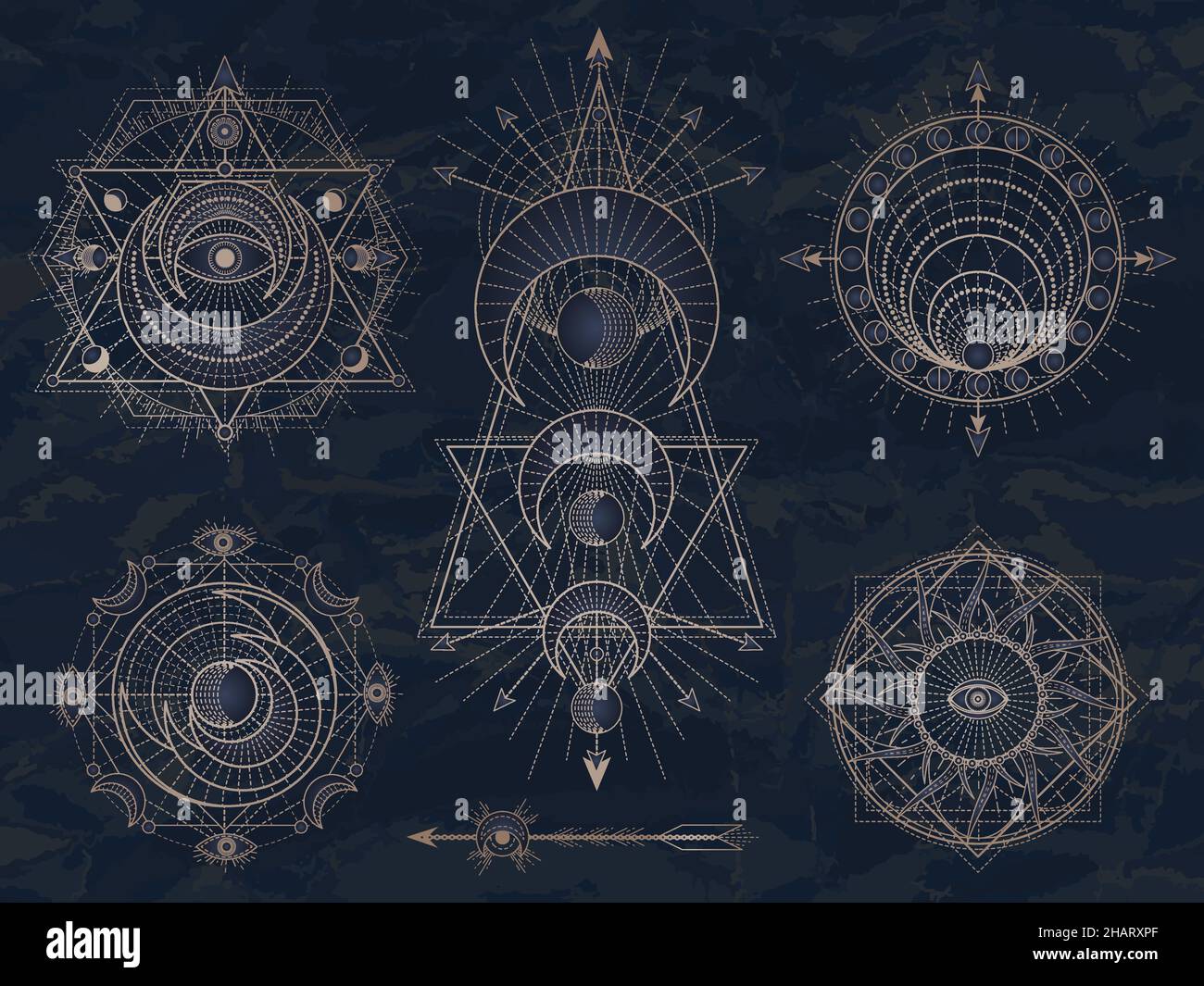 Vektor-Set von Heiligen Symbolen mit Mond, Auge, Sonne und geometrischen Figuren auf dunklem Vintage-Hintergrund. Sammlung abstrakter mystischer Zeichen in Linien gezeichnet. Im Stock Vektor
