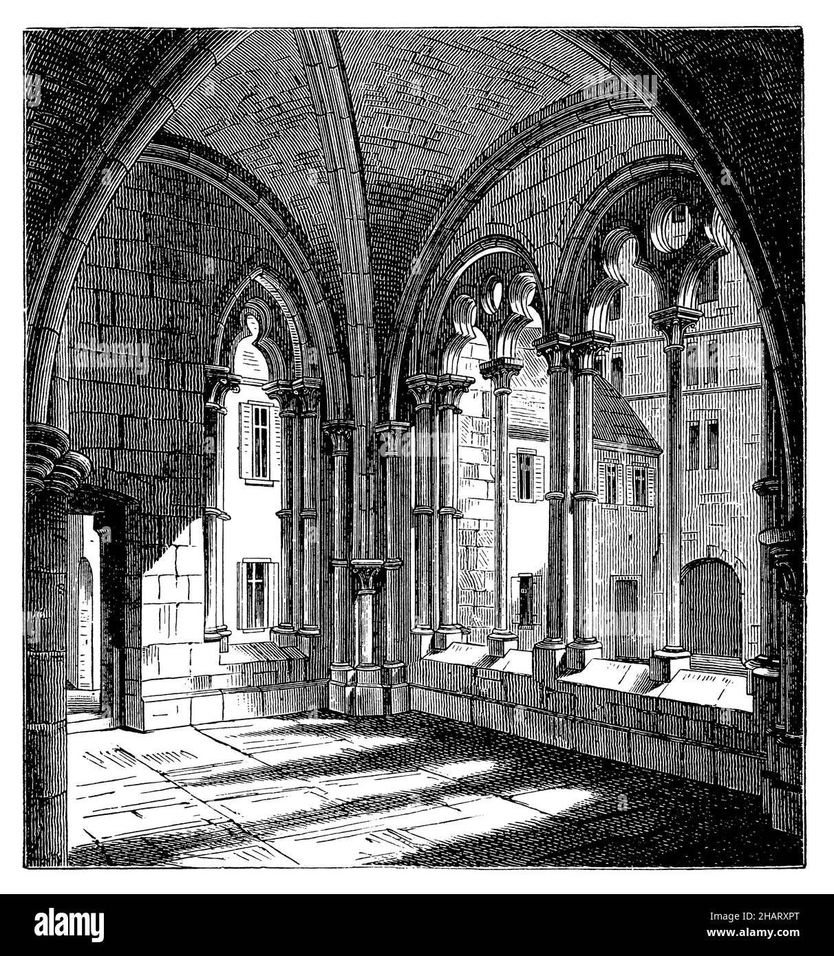 Laube im Kloster Maulbronn (nach E. Nieß), , (kunsthistorisches Buch, 1904), Vorhalle im Kloster zu Maulbronn (nach E. Nieß), Porche du monastère de Maulbronn (d'après E. Nieß) Stockfoto