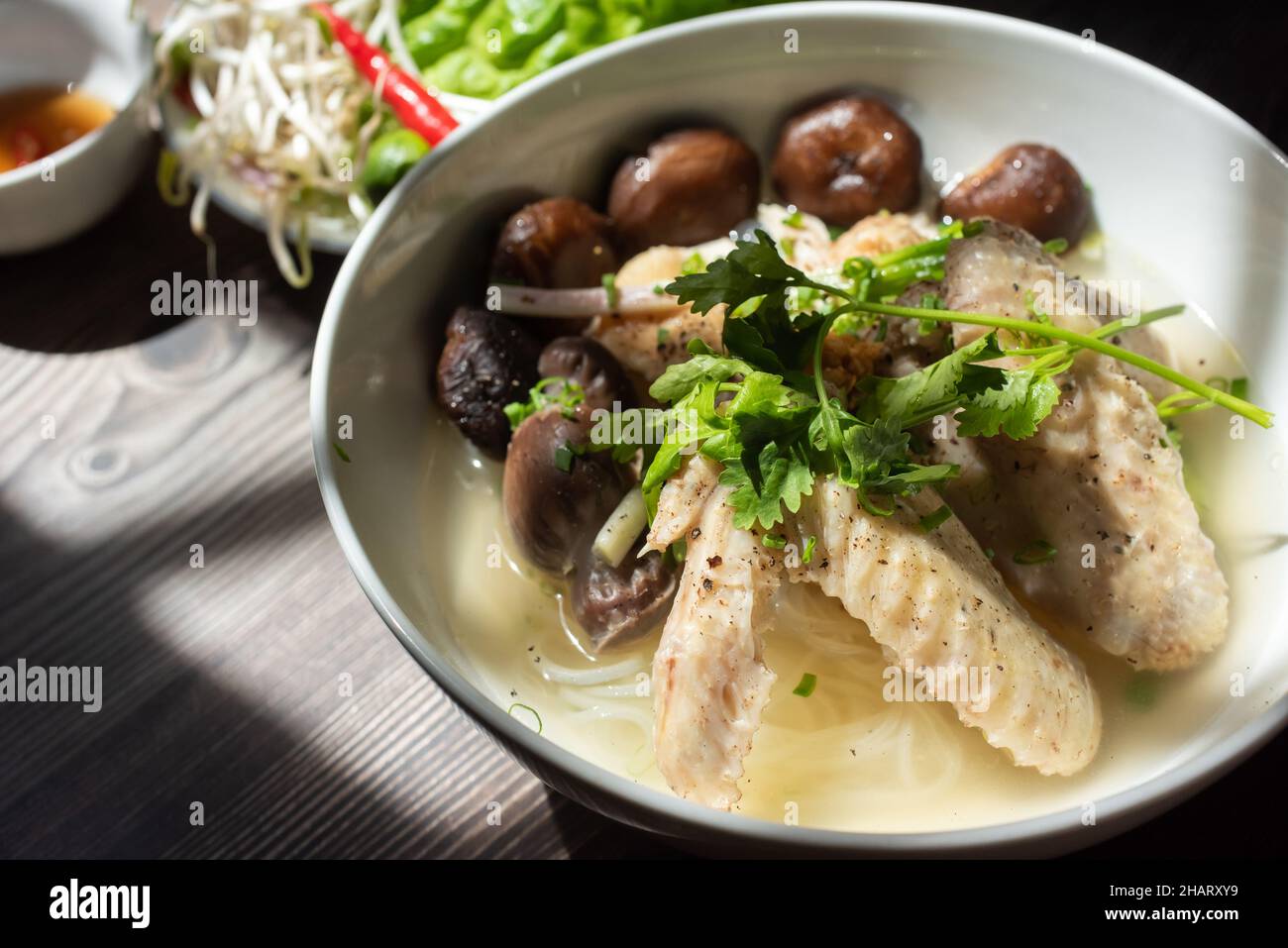 Hühnerpilz-Nudelsuppe ist ein sehr beliebtes Frühstücksgericht in Vietnam. Zu den Zutaten gehören Reisnudeln, Pilze, Huhn, Gemüse und spi Stockfoto