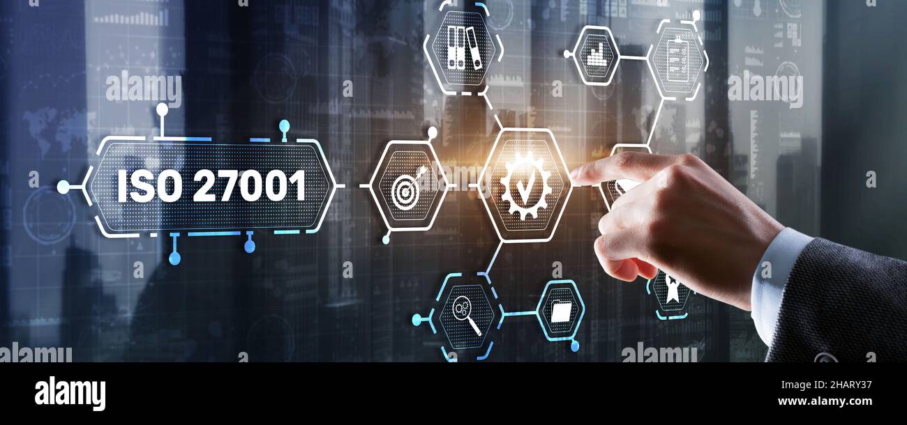 ISO 27001. Internationaler Informationssicherheitsstandard. Konzept der ISO-Normen Qualitätskontrolle Garantie. Stockfoto