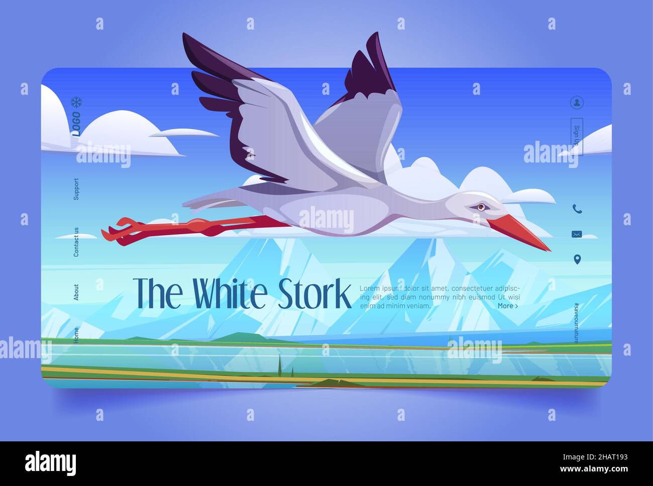 Weiße Storch Cartoon Landing Page, schöne Wildvögel fliegen in blau bewölkten Himmel über natürliche Frühlingslandschaft mit Bergen, Fluss und grünen Feldern. Ornithologie, Tierwelt, Vektor-Webbanner Stock Vektor
