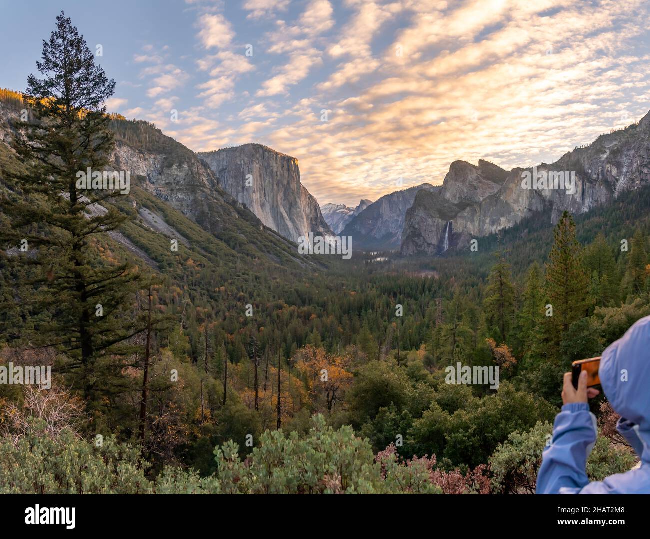 Frau, die vom Tunner View Point aus ein Bild vom Yosemite Valley mit wolkenverdeckter Sicht macht Stockfoto